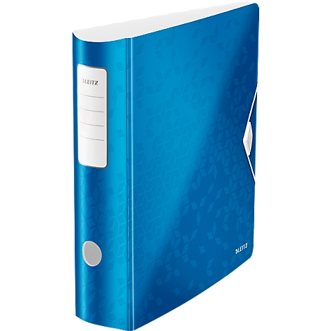 Blue Leitz binder with white label and metal clasp. Visible lettering.