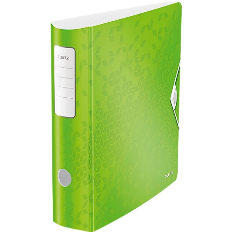Green file folder with white label and LEITZ logo. Pattern on the surface.