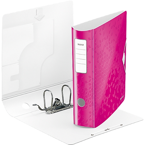 A pink file folder with a geometric pattern stands open against a white background. The Leitz logo is visible.