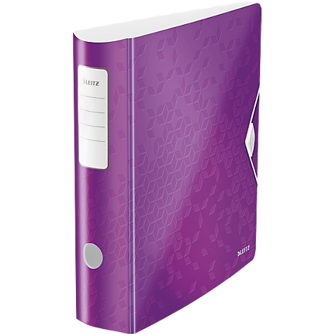 Purple binder with white clasp and label. The pattern consists of repeating shapes.
