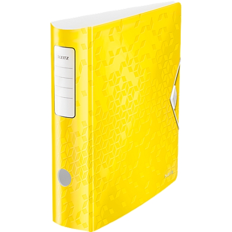Yellow binder with pattern and the word "Leitz".