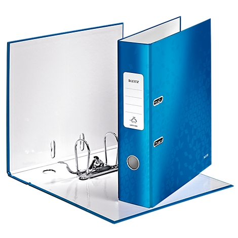 Blue binder, open, with metal lever mechanism. Label on the spine with logo and text.