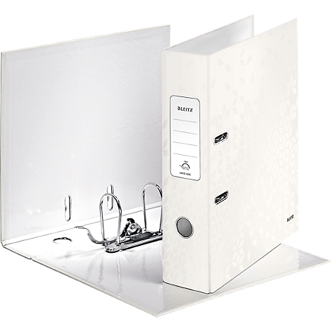 White binder with floral pattern. The folder is open, the inner workings with lever mechanism are visible.