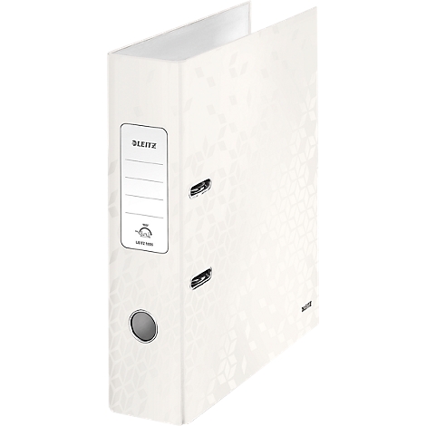 White Leitz folder with floral pattern, label with product name, hole and metal clips.