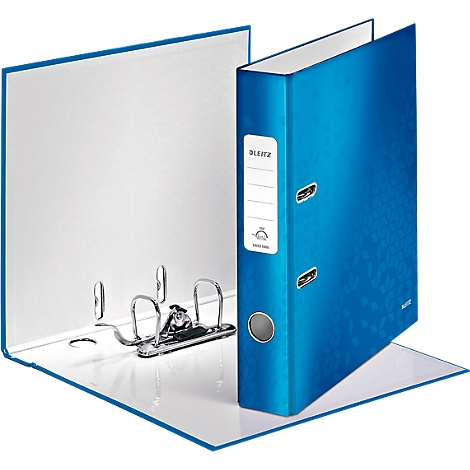 Blue binder, open, with silver lever mechanism, next to white interior.