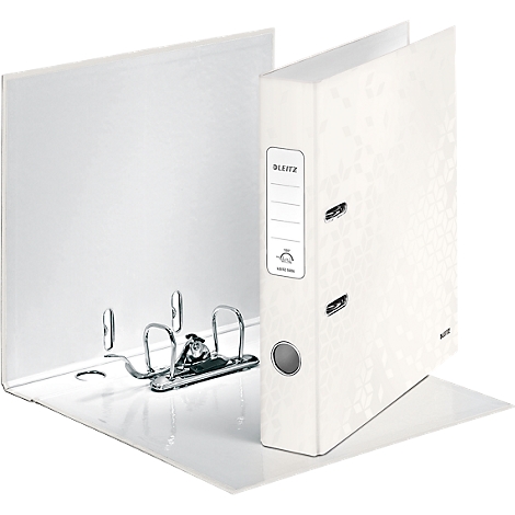 White folder with flower pattern. Opened, with silver lever mechanism and imprint. Leitz logo.