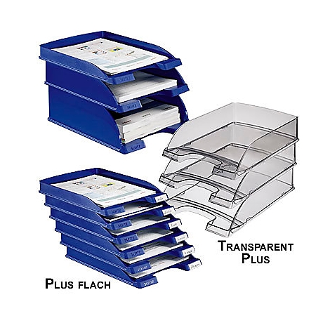 Blaue und transparente Ablageschalen mit Papieren. Text: PLUS FLACH, TRANSPARENT PLUS.