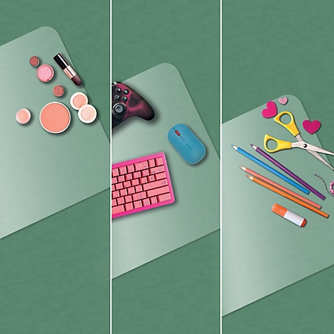 Drie secties tonen cosmetica, gamingaccessoires en knutselspullen op groene matten.