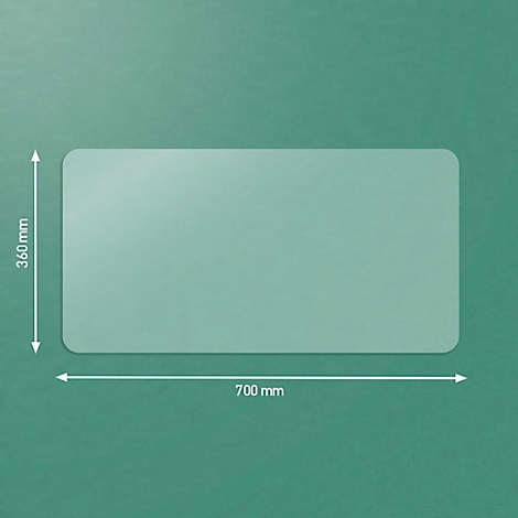 Rechthoekige transparante tafelmat met afgeronde hoeken. Afmetingen: 700 x 360 mm.
