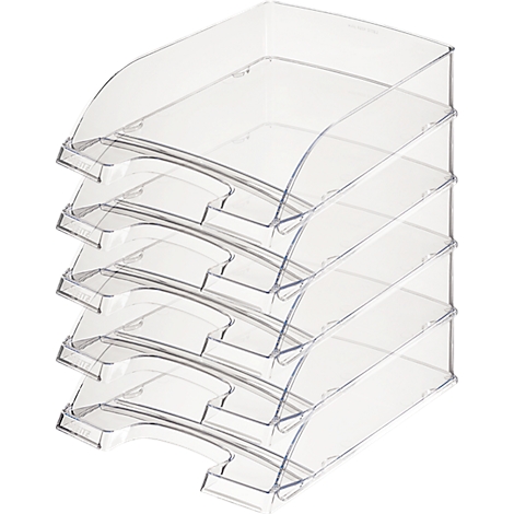 Bandejas de cartas transparentes apiladas. Cada bandeja tiene una parte delantera curvada y una forma rectangular.