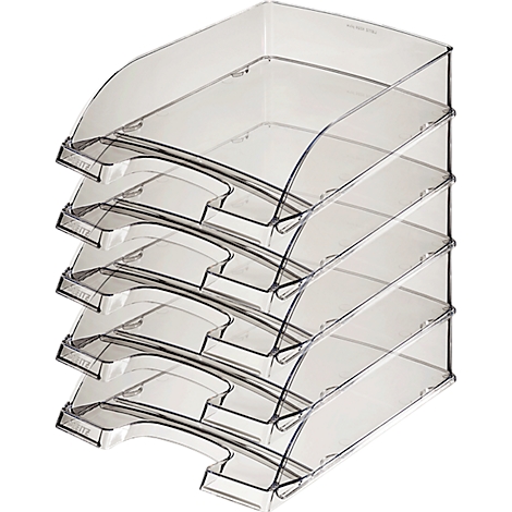 Bandeja de documentos transparente con 5 compartimentos. Cada compartimento tiene una parte delantera arqueada y una forma rectangular.