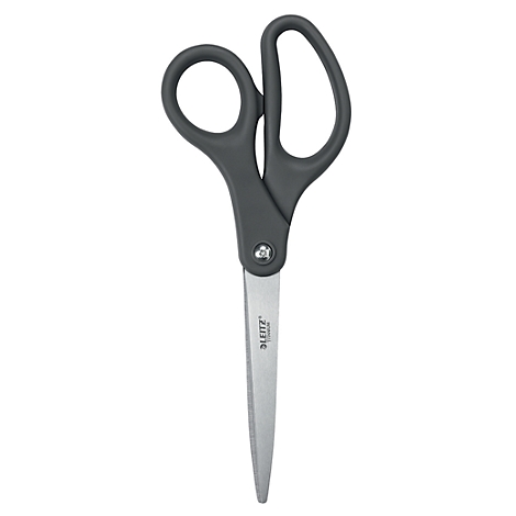 Ciseaux gris, marque LEITZ Titanium, sur fond blanc.