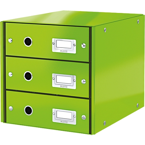 Green three-drawer box. Each compartment has a label and a round handle.