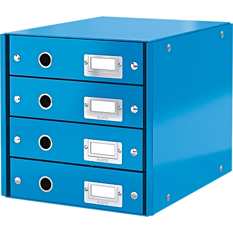 Blue office organizer with four drawers, black handles, and label holders.