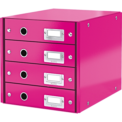 A fuchsia desk organizer with four drawers. Each drawer has a round hole and a silver label with the "LEITZ" logo.