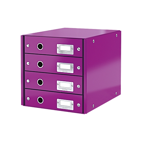 A purple office cabinet with four drawers. Each drawer has a black handle and a silver name tag.