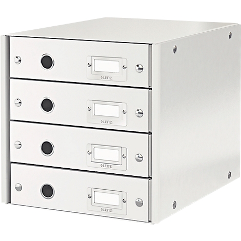 White office filing cabinet with four drawers, black handles, and label holders.