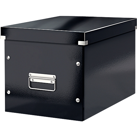 Black, square storage box with lid. Metal handle and silver corner connectors.