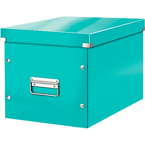 Teal storage box with lid and metal handles.