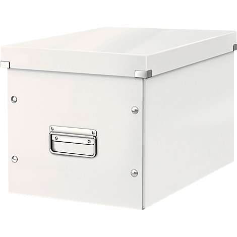 White storage box with lid and metal handle. Corner joints reinforced.