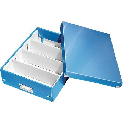 Blue archive box with lid, open view of the compartments. White dividers are inserted.