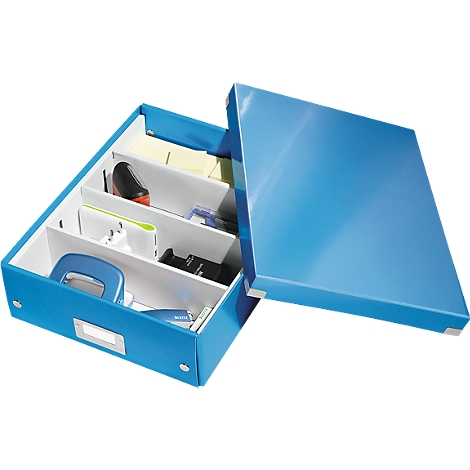 Blue storage box with compartments, half open, containing office supplies.