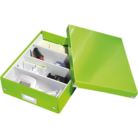 Green office box with lid and compartments. Box contains pens, sticky notes, punch, chargers.