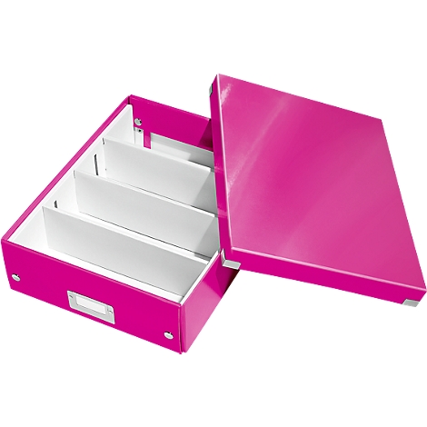A fuchsia storage box with an open lid, white dividers inside. The lid is on the top right.