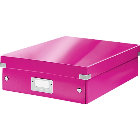 A pink storage box with a lid. On the front is a silver frame with an empty label. Corner brackets and a button are also silver.
