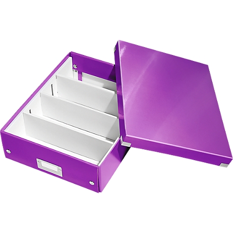 Open purple archive box with white dividers and loose lid.