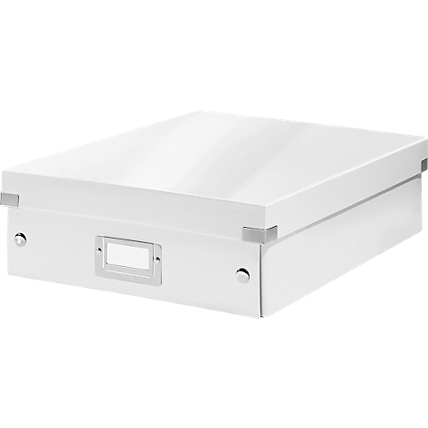White, rectangular box with a lid. Metal fittings and a label holder.