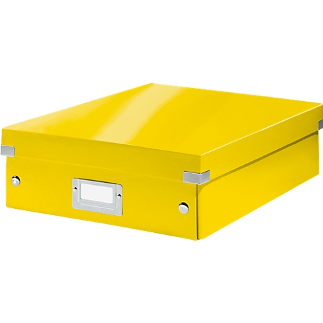 Yellow storage box with lid and silver corner connections. There is a name plate on the front.