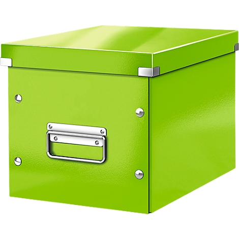 Light green storage box with lid and metal handle. The corners are reinforced with metal.
