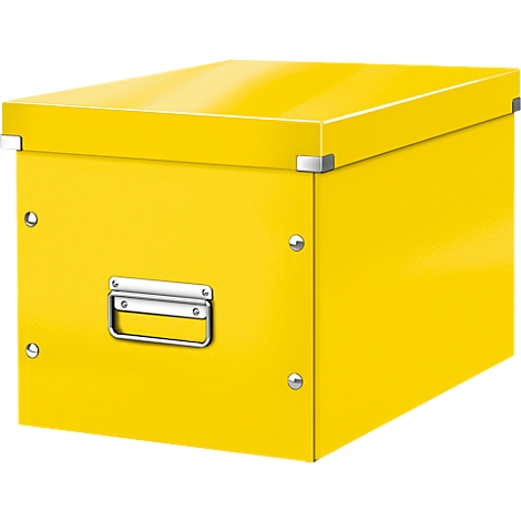 Yellow box with lid and metal handles and corners. Ideal for storing and organizing documents.