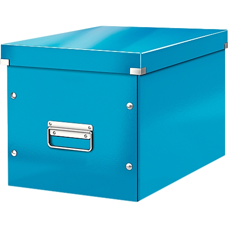 Blue storage box with lid and silver handle. The box is square.