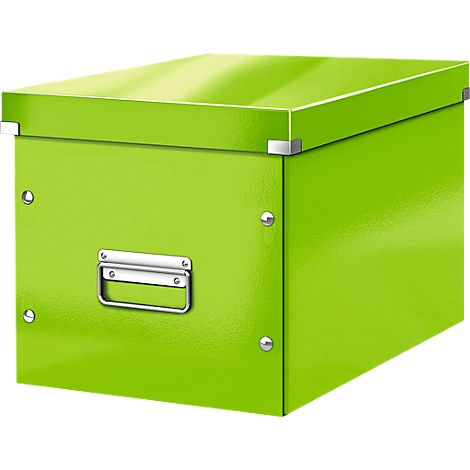 Green storage box with lid and metal handles.