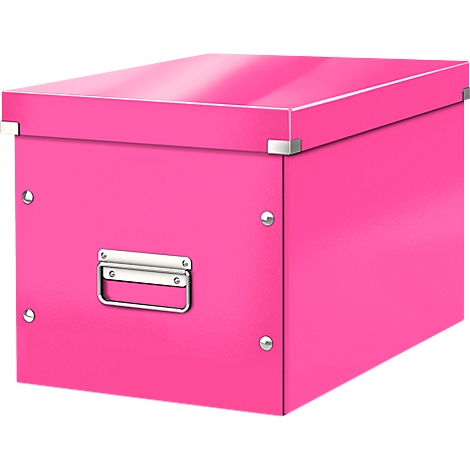 A closed, rectangular pink box with silver handles and corner fittings.