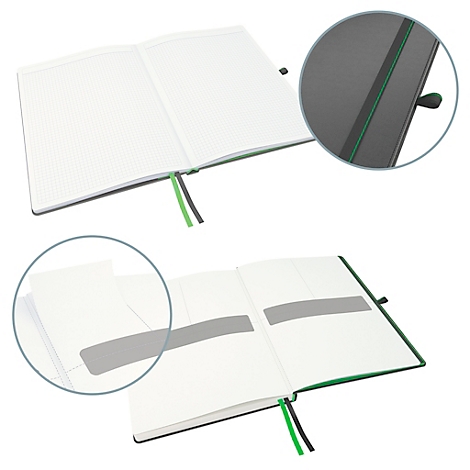 Open notitieboek met groene en zwarte bladwijzers. Detail van de omslag en binnenzak.