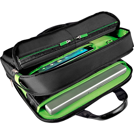 Sac d'ordinateur portable noir, avec compartiments ouverts. Une tablette et un ordinateur portable sont à l'intérieur. Accents verts.