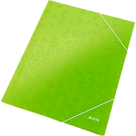 A bright green folder with white elastic band, pattern of squares with Leitz logo.