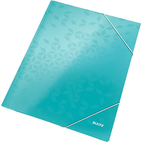 Turquoise folder with pattern and rubber band. The Leitz logo can be seen below.