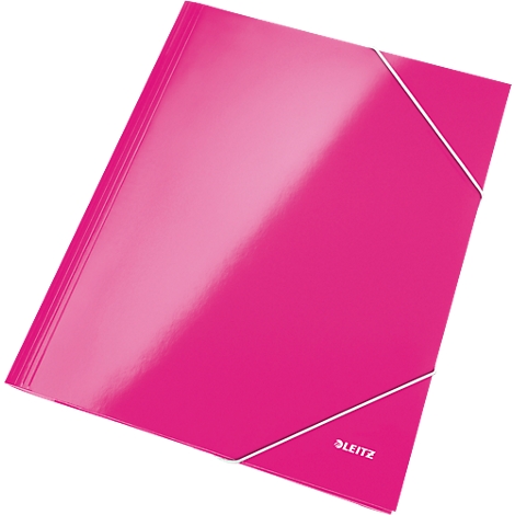 A magenta Leitz folder with a white elastic band closure. Leitz is written in the bottom right corner.