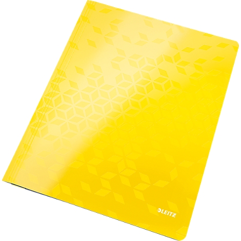 Yellow Leitz folder, with geometric pattern and Leitz logo.