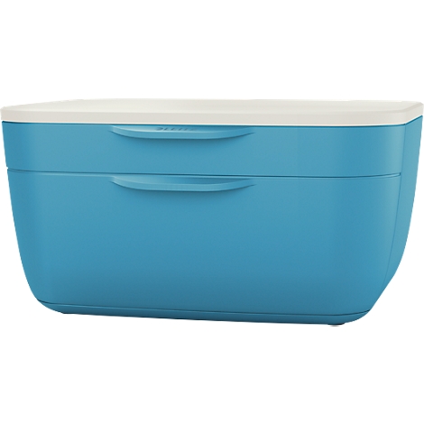Blue lunch box with white lid and handles.
