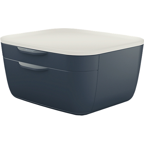 Dark blue lunchbox with a cream-colored lid. Two recessed handles are visible on the front.