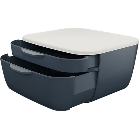 Dark blue lunch box with white lid. Two drawers with gray handles.