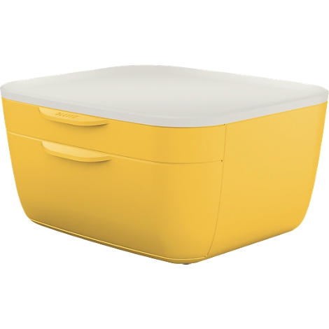 Yellow lunch box with white lid, two handles and lettering.