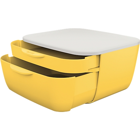 Yellow lunch box with white lid. Two compartments, lid slightly open.