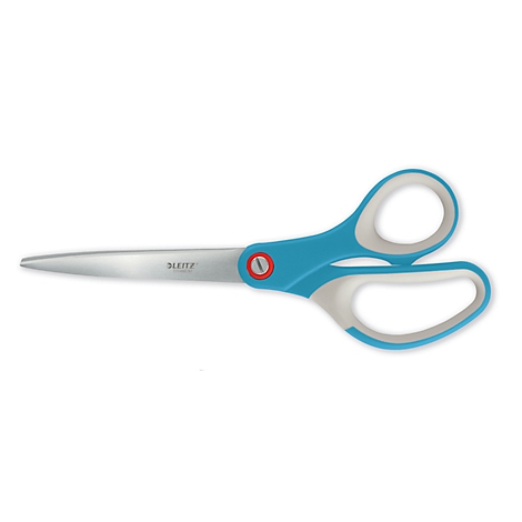 Een schaar met blauw-witte handvatten en zilveren messen. Op het mes staat 'LEITZ'.