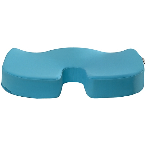 Coussin de siège turquoise avec une forme incurvée et une découpe.